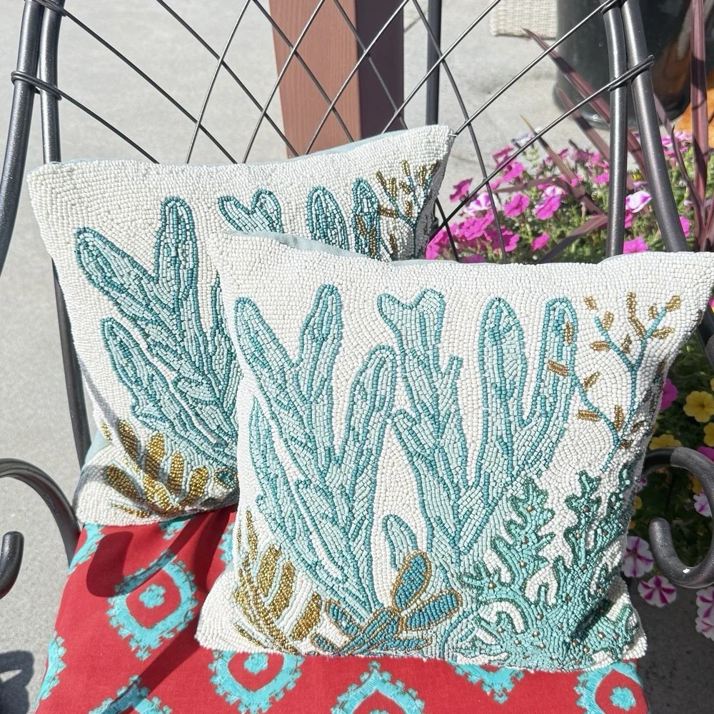 Two Coastal Coral Beaded Jeweled Throw Pillows Pair 12x12 Blue Green Pier 1